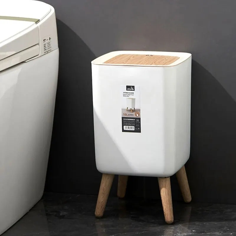 Lata de Lixo Elegante Com Tampa e Pés que Imitam Madeira - MimoHouse